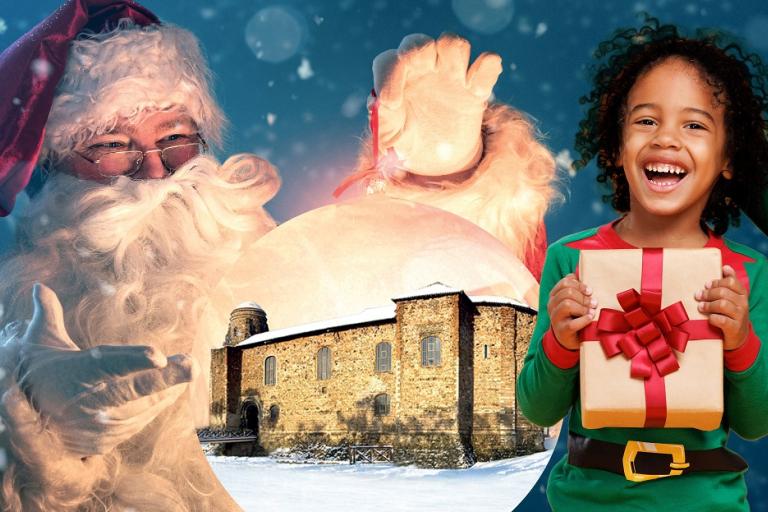 Snowy Colchester Castle flanked by Father Christmas and a child holding a gift-wrapped present