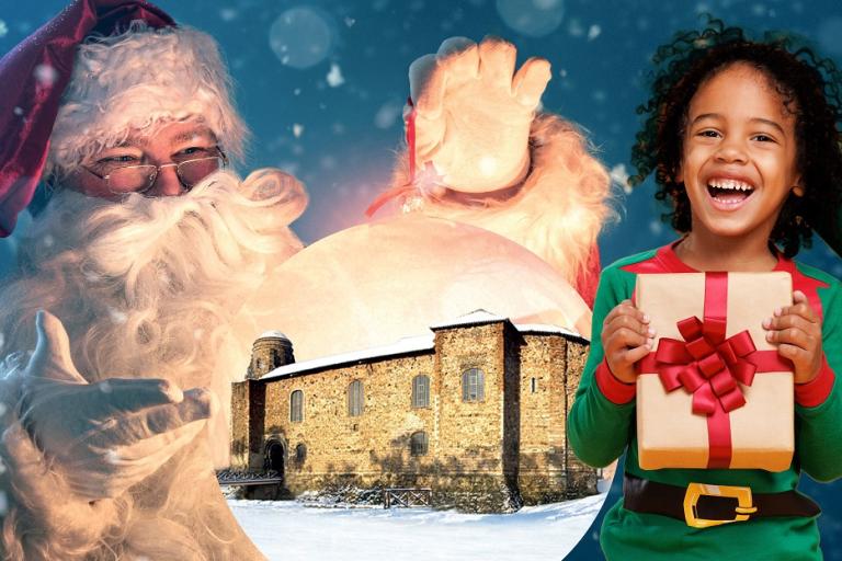 Snowy Colchester Castle flanked by Father Christmas and a child holding a gift-wrapped present