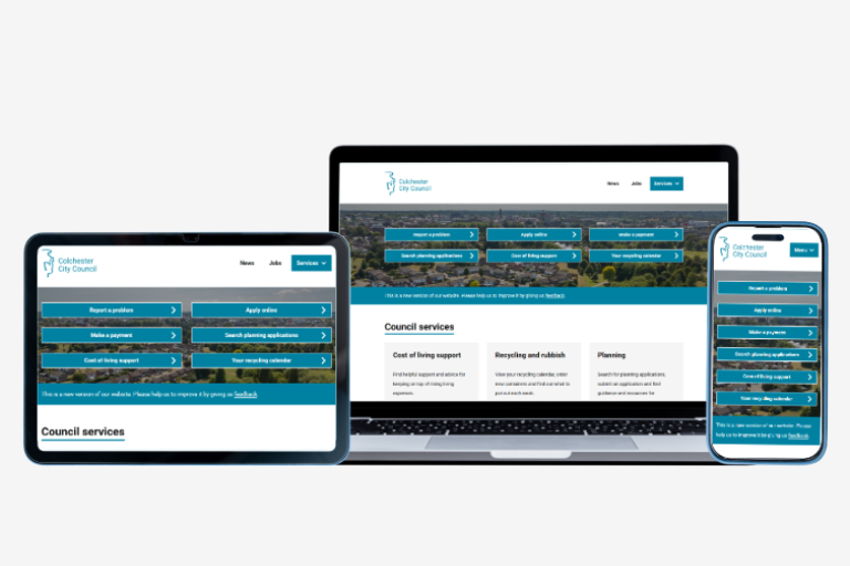 A photo of a tablet, a laptop and a phone with the new Colchester City Council website displaying on each of them.