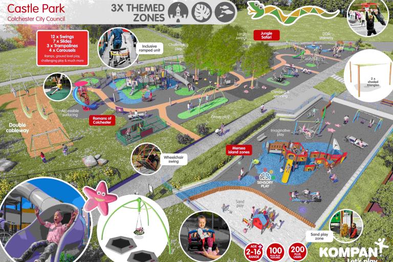 An artists impression showing an overview of the winning playground design for Castle Park