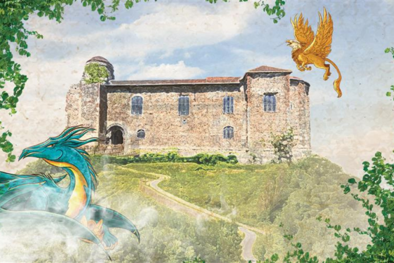 A stylized illustration of an old stone castle on a hill, framed by leafy green branches. In the foreground, a large blue-green dragon with yellow accents emerges from swirling mist. In the sky to the right, a golden griffin with outstretched wings flies above the castle. A winding path leads up the hill toward the castle entrance.