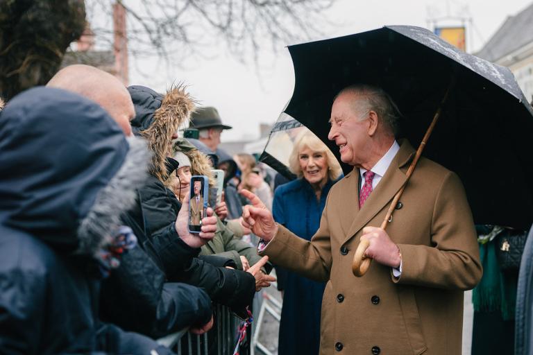 King Charles III and Queen Camilla saying hello to residents in Dedham High Street