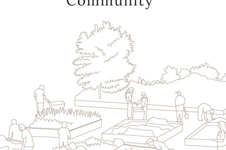 Text says "Tendring Colchester Borders Garden Community' in black, underneath is a sketch image of a community garden with trees in the background.