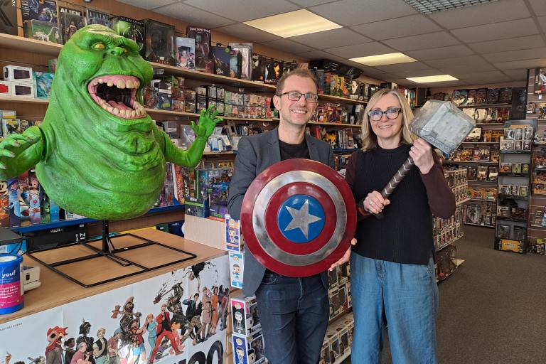 Cllr Lee Scordis with Kerrie Williams, owner of Ace Comics