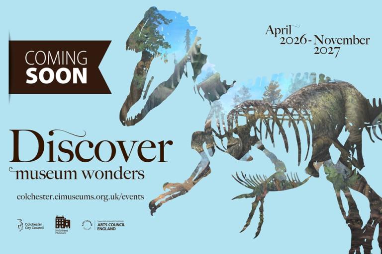 A poster advertising the Discover Museum Wonders exhibition and featuring a dinosaur skeleton