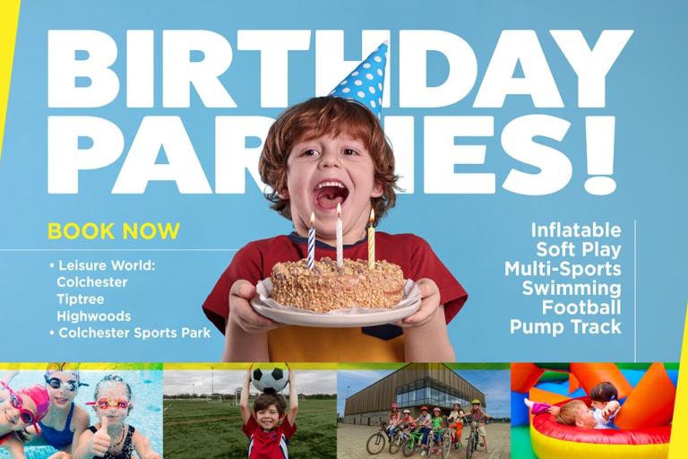 Promotional graphic advertising children’s birthday parties, showing a child holding a cake with candles and text reading ‘Birthday Parties – Book Now’, alongside activity options and venue locations.