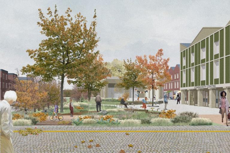 Illustrated artist impression of the view from Southern Neighbourhood Place, showing a paved road in the foreground. Behind that is a garden with shrubs and grasses with people using the community space, buildings are behind this