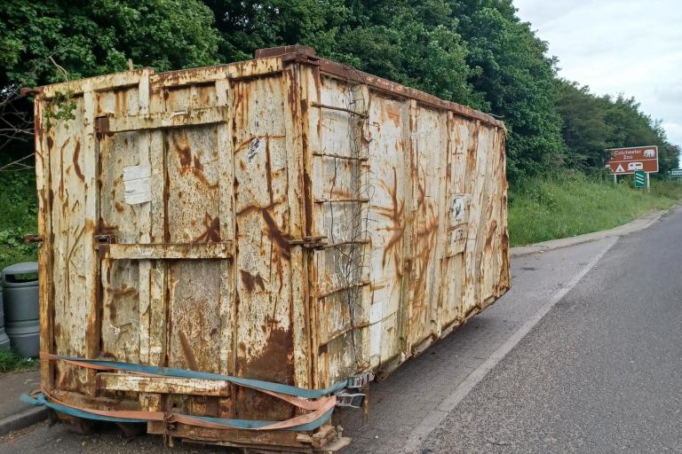 An industrial container abandoned in a lay-by on the A12