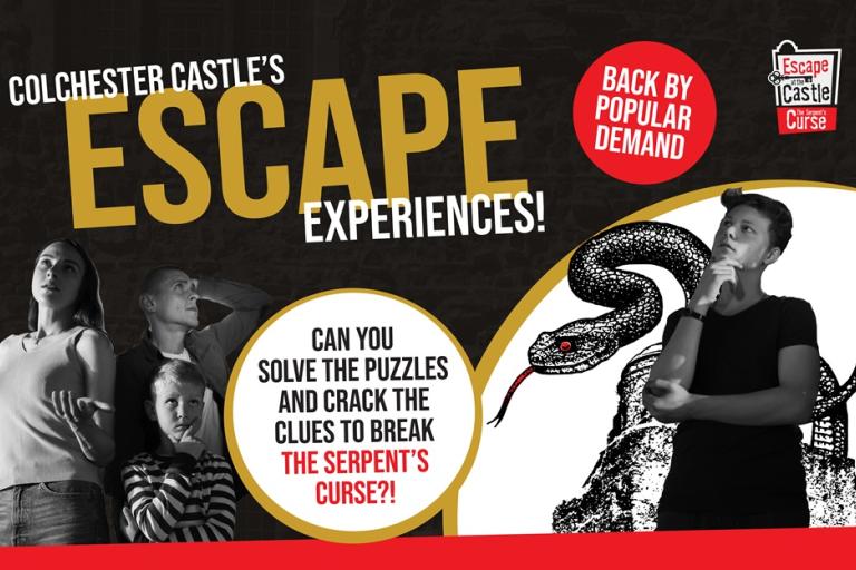 Promotional poster for Colchester Castle’s escape room experience, featuring people solving puzzles alongside a large illustrated snake and text about ‘The Serpent’s Curse’.