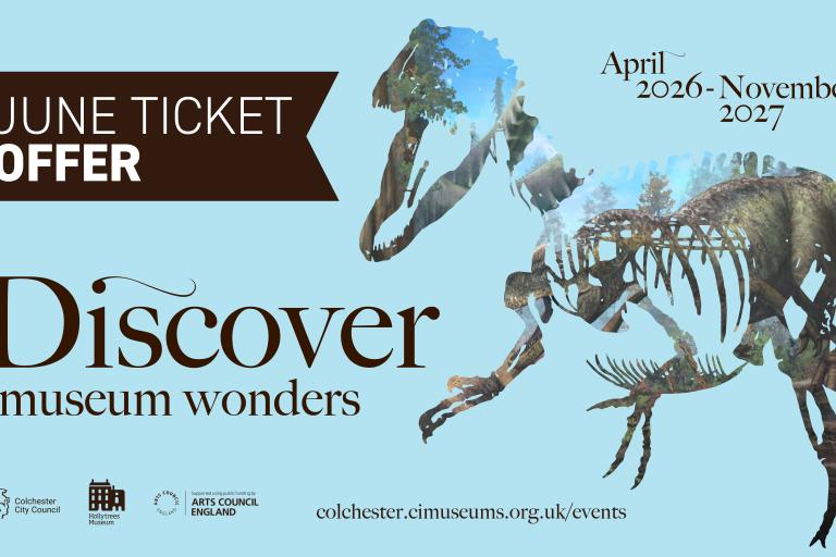 Graphic showing a dinosaur skeleton and text “June ticket offer”, “Discover museum wonders”, April 2026 to November 2027.