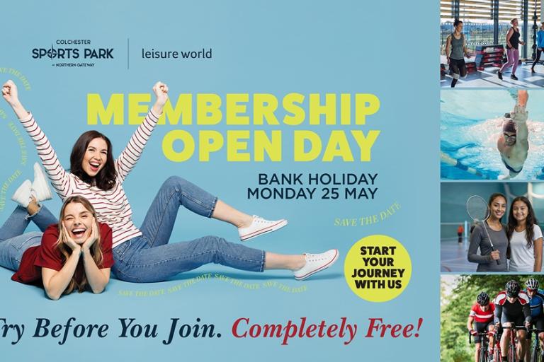 Promotional graphic for Colchester Sports Park membership open day, featuring activity images such as gym classes, swimming, badminton and cycling, with text ‘Try Before You Join. Completely Free!’ and date Monday 25 May.