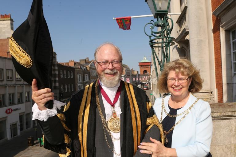The Mayor and Mayoress of Colchester, Cllr Andrew Ellis and Mrs Nicky Ellis smile for the camera before the Mayor Making ceremony