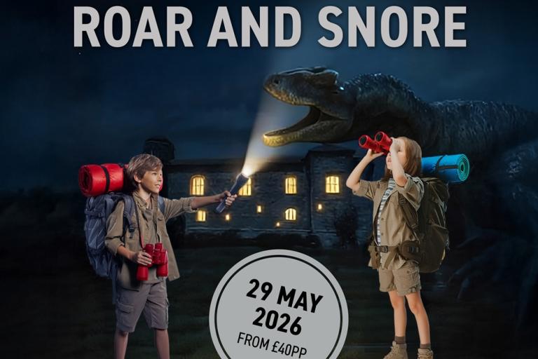 Promotional night‑time poster for ‘Knightzzz at the Museum: Roar and Snore’, showing two children with backpacks exploring a museum at night as a dinosaur appears in the background, with event date 29 May 2026 and pricing information.