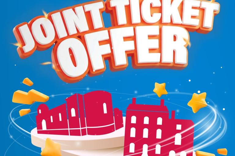 Graphic with “Online Joint Ticket Offer” text above stylised buildings and stars on blue background.