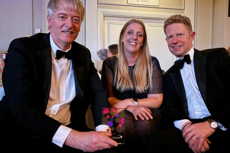 L to R: Philip Sullivan (Chief Executive Colchester Borough Homes) and James Struth (Chief Executive) and Chantelle Killin (Accommodation Manager) from Beyond the Box, with the LGC Bronze Award for Housing. Please credit Colchester Borough Council.