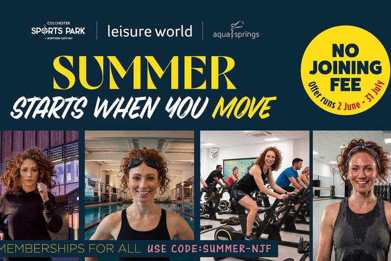 Promotional poster reading Summer starts when you move showing people exercising in gym and pool.
