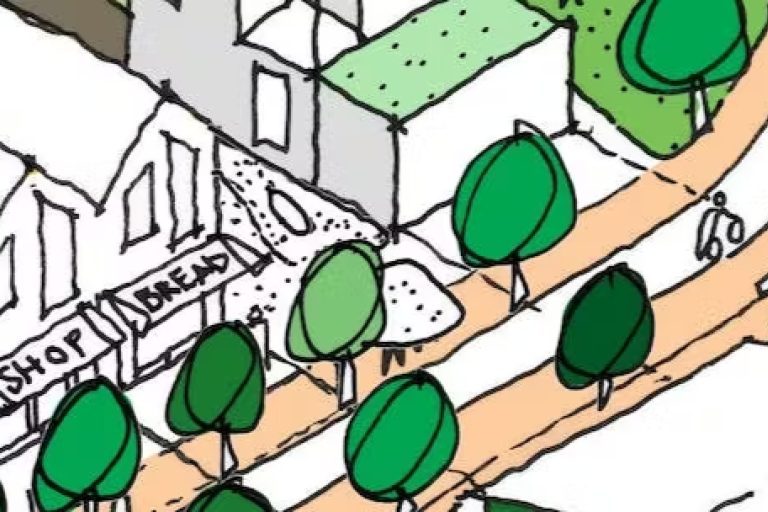 Illustrated map showing houses, a community building, trees, pathways, and a playground slide.Provide your feedback on BizChat