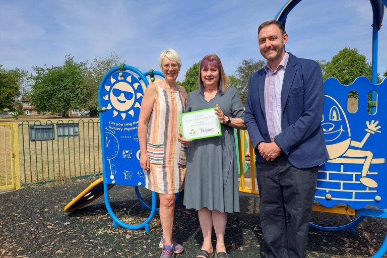 Angela Haymonds, Cllr Scott-Boutell and Cllr Goss at Wheatfield Rd playground