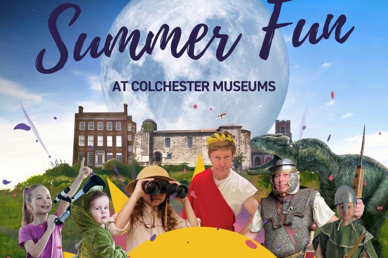 Poster reading Summer Fun at Colchester Museums with castle, costumed figures, dinosaur, and moon backdrop.