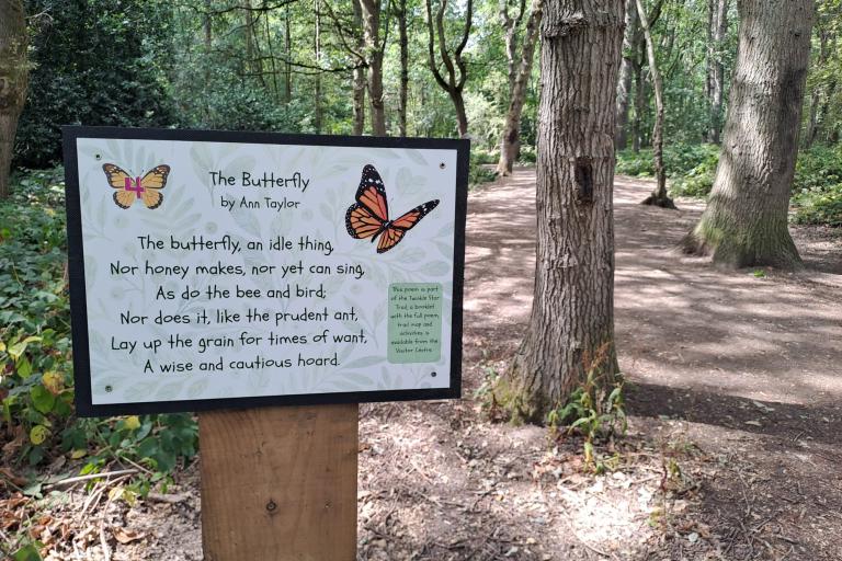 One of the poem markers on the new Twinkle Star Trail at High Woods Country Park, featuring The Butterfly by Ann Taylor