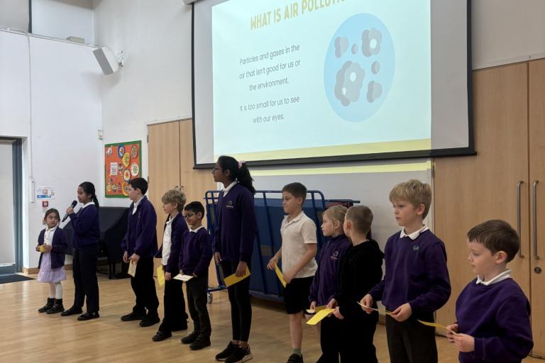 Children at Queen Boudica Primary School taking part in their Key Stage 2 air quality assembly.