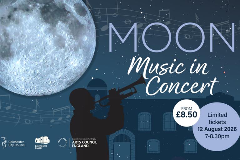 Promotional poster for Moon Music in Concert, featuring a large moon, trumpet-playing silhouette, and event details for 12 August 2026.