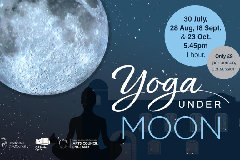 Promotional poster for “Yoga Under the Moon.” A large full moon fills the upper left corner against a dark blue, starry night sky. In the foreground, a silhouetted person sits in a cross-legged yoga pose in front of a dark building with arched windows. Large white and light blue text reads “Yoga Under Moon.” A light blue circle in the top right lists session dates: 30 July, 28 Aug, 18 Sept. and 23 Oct., at 5.45pm for 1 hour. A smaller grey circle states “Only £9 per person, per session.” 