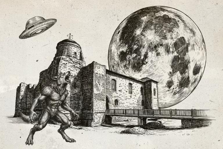 A black-and-white illustration of Colchester Castle with a werewolf, flying saucer and oversized moon.
