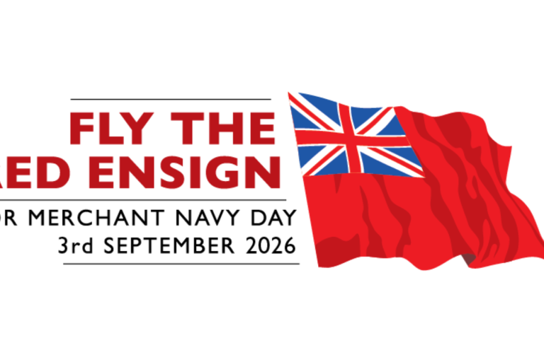 Graphic reading “Fly the Red Ensign for Merchant Navy Day, 3rd September 2026” beside a Red Ensign flag illustration.