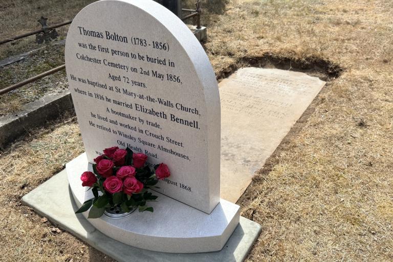 A photograph showing the new commemorative headstone of Thomas Bolton, the first person to be buried in Colchester Cemetery