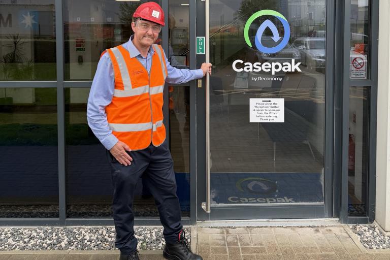 Cllr Martin Goss at the entrance to Casepak's factory
