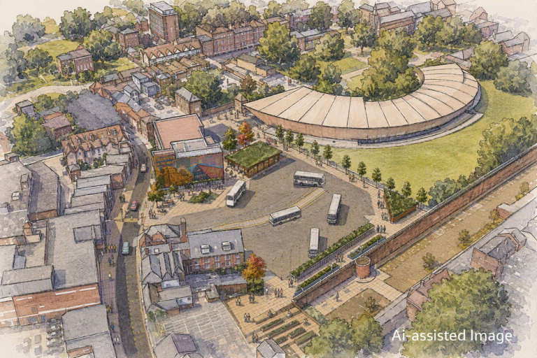 An AI impression of the proposed Bust Station Interchange at Painters Yard