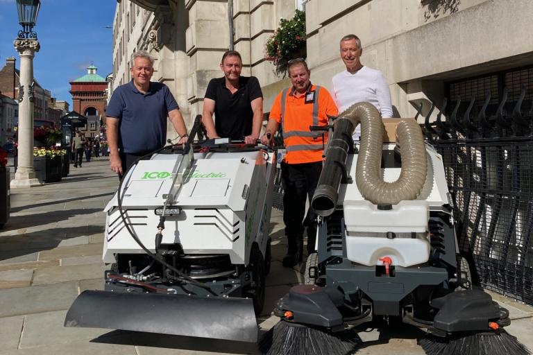 Investment in cleaning machines to enhance the city centre.  Left to right - Cllr Paul Dundas, Leader of the Council, Bradley Lestrange, Neighbourhood Warden, Cllr Martin Goss, Portfolio Holder for Waste, Neighbourhoods and Leisure, Ian Rose, Senior Neighbourhood Operative, and Cllr David King, Deputy Leader and Portfolio Holder for Local Government Reorganisation, Communities and Public Protection