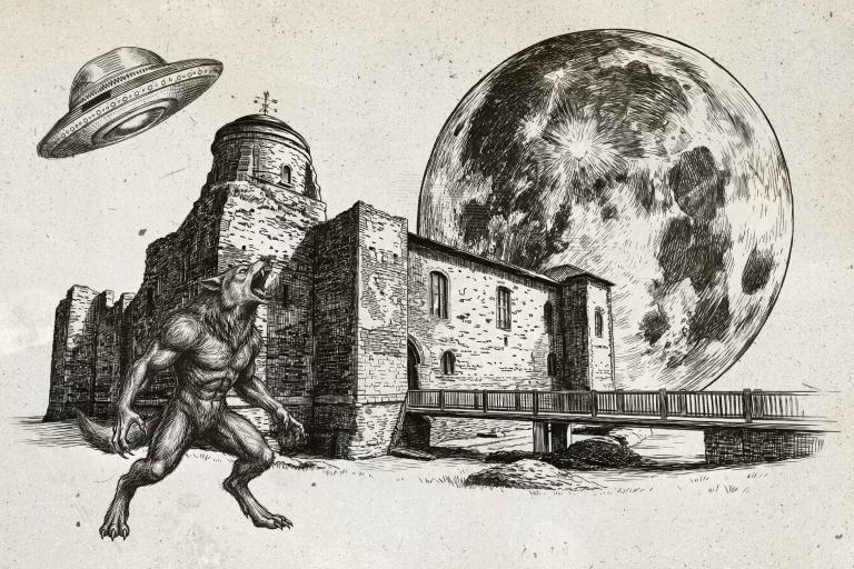 Sepia coloured sketch image of a werewolf howling in front of a castle with a UFO and big full moon on the background
