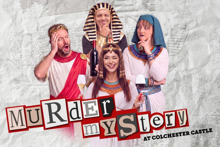 Photo of four people wearing Egyptian and Roman themed costumed showing different emotions