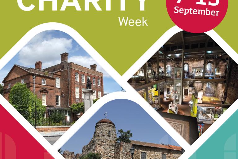 Promotional graphic for Remember a Charity Week, taking place 7 to 13 September. The design features a light green background with large white text reading “Remember a CHARITY Week” and a pink circular badge displaying the dates. Three photographs are arranged in curved diamond-shaped frames: a historic red-brick building, the interior of a museum with exhibition displays, and an ancient stone building with a round tower. Decorative pink and teal geometric shapes appear in the lower corners of the image. 
