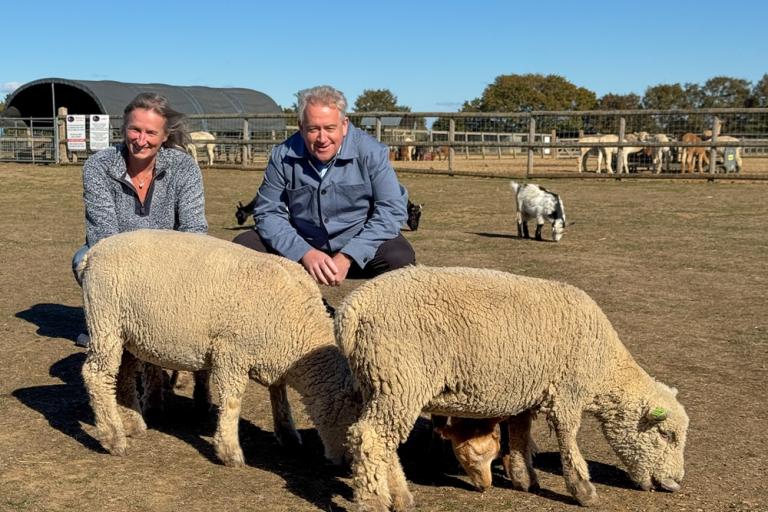 Dawn Goulding, owner of Alpaca Acres, and Cllr Paul Dundas pose with two sheep