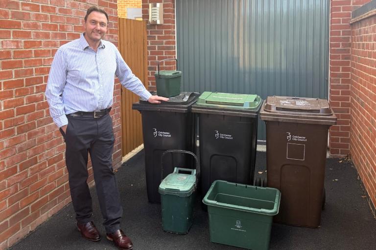 Cllr Martin Goss with recycling bins
