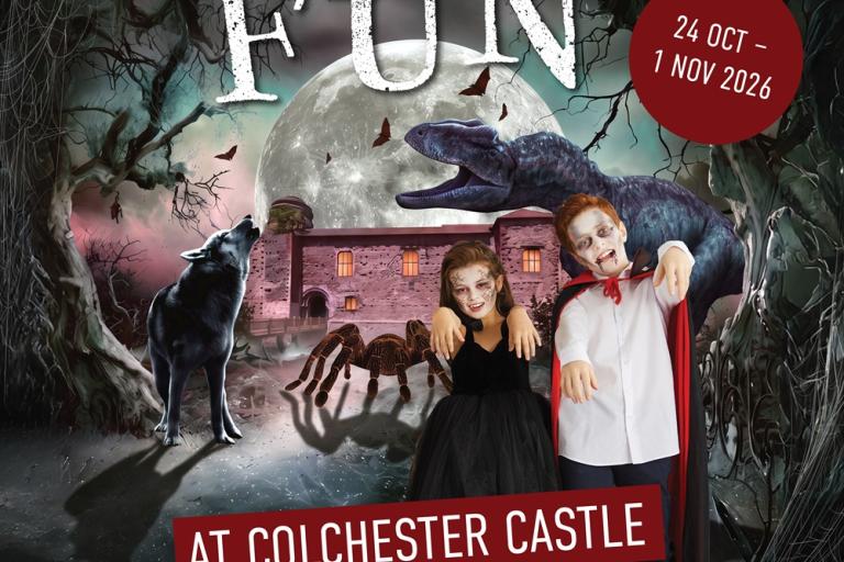 Halloween poster for Colchester Castle with costumed people, a dinosaur, wolf, spider and full moon.