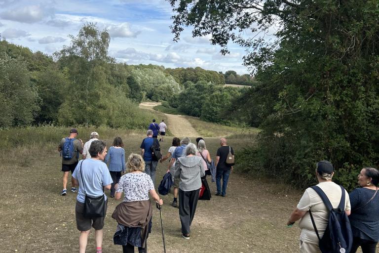 A group of people walking along a grassy path surrounded by trees and countryside.