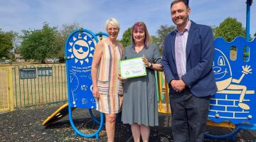 Angela Haymonds, Cllr Scott-Boutell and Cllr Goss at Wheatfield Rd playground