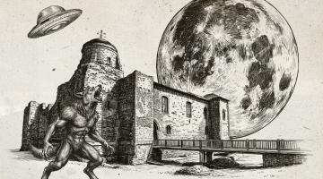 A black-and-white illustration of Colchester Castle with a werewolf, flying saucer and oversized moon.
