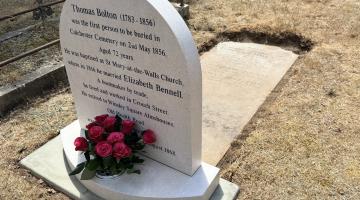 A photograph showing the new commemorative headstone of Thomas Bolton, the first person to be buried in Colchester Cemetery