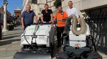 Investment in cleaning machines to enhance the city centre.  Left to right - Cllr Paul Dundas, Leader of the Council, Bradley Lestrange, Neighbourhood Warden, Cllr Martin Goss, Portfolio Holder for Waste, Neighbourhoods and Leisure, Ian Rose, Senior Neighbourhood Operative, and Cllr David King, Deputy Leader and Portfolio Holder for Local Government Reorganisation, Communities and Public Protection