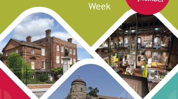 Promotional graphic for Remember a Charity Week, taking place 7 to 13 September. The design features a light green background with large white text reading “Remember a CHARITY Week” and a pink circular badge displaying the dates. Three photographs are arranged in curved diamond-shaped frames: a historic red-brick building, the interior of a museum with exhibition displays, and an ancient stone building with a round tower. Decorative pink and teal geometric shapes appear in the lower corners of the image. 