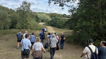 A group of people walking along a grassy path surrounded by trees and countryside.