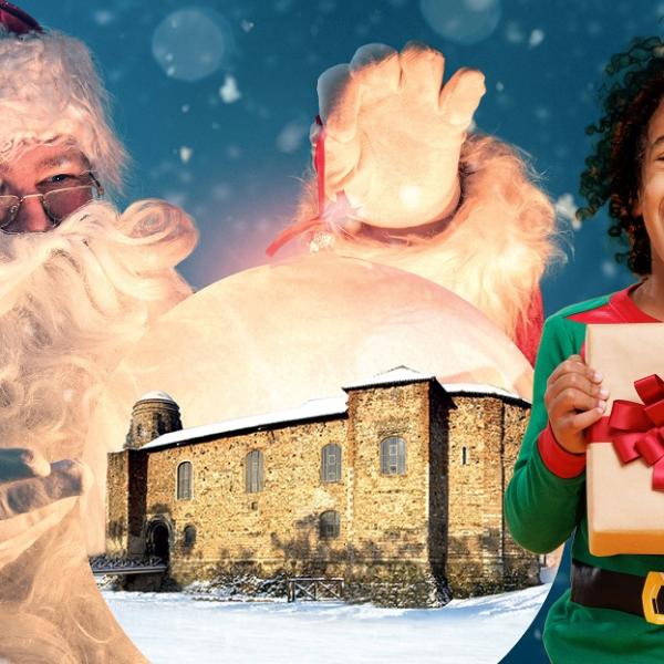 Snowy Colchester Castle flanked by Father Christmas and a child holding a gift-wrapped present