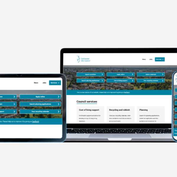 A photo of a tablet, a laptop and a phone with the new Colchester City Council website displaying on each of them.