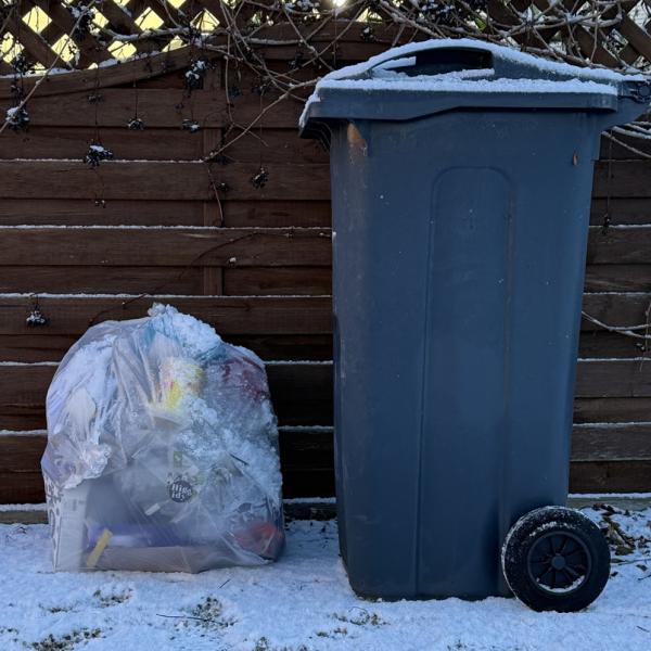 A clear plastic bag full of recycled paper and a black wheelie bin side by side in the snow