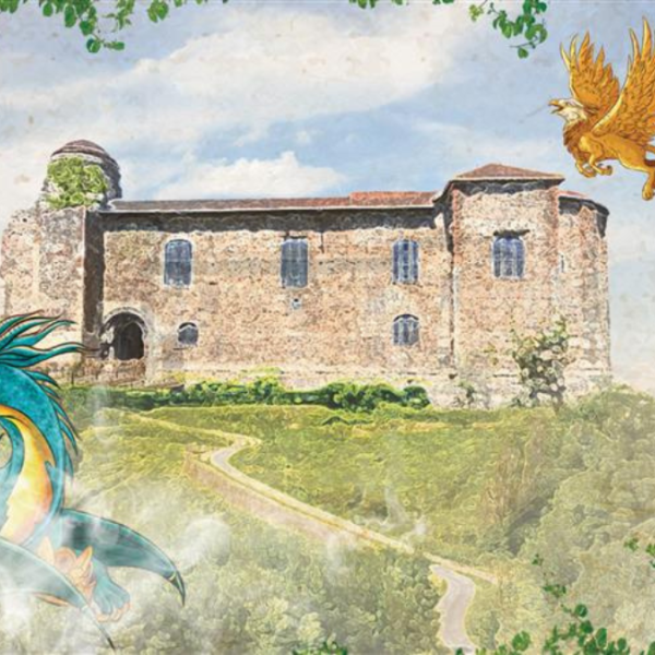 A stylized illustration of an old stone castle on a hill, framed by leafy green branches. In the foreground, a large blue-green dragon with yellow accents emerges from swirling mist. In the sky to the right, a golden griffin with outstretched wings flies above the castle. A winding path leads up the hill toward the castle entrance.